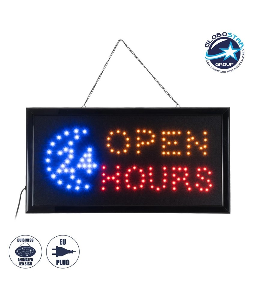 GLOBOSTAR® SIGN 75682 Διακοσμητικό Φωτιστικό Τοίχου Ένδειξης - Σήμανσης "OPEN 24 HOURS" LED 5W 150lm 120° AC 220-240V IP20 Πολύχρωμο - Μαύρο - Μ48 x Π25 x Υ2cm - 2 Χρόνια Εγγύηση